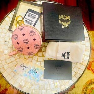 NWT MCM Pink Visetos Coin Pouch w/box & dust bag